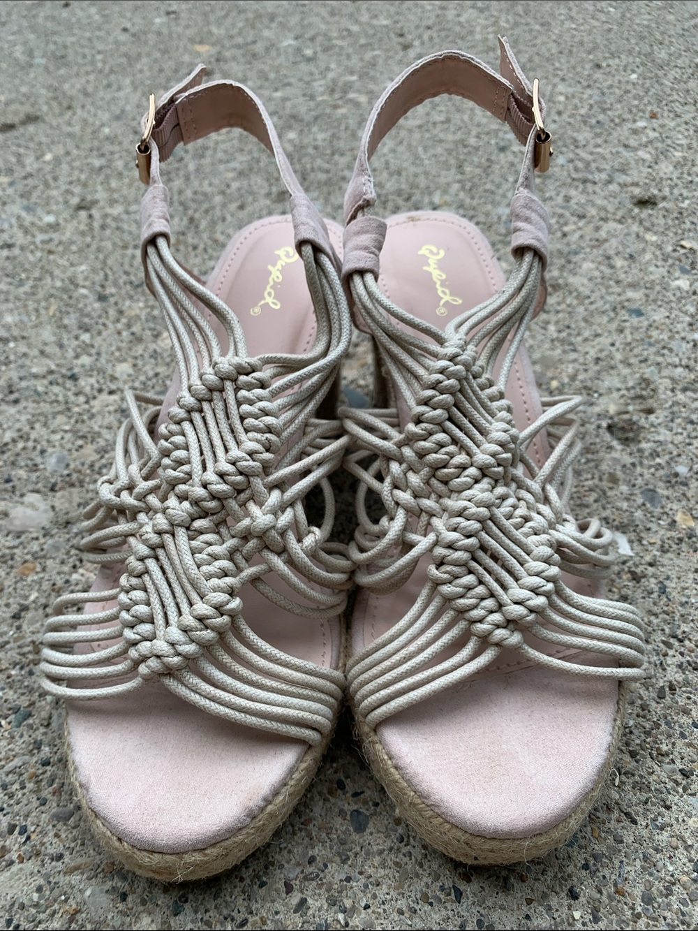 Qupid Taupe Macramé Espadrille 2.5” Wedge Sandals - Light Taupe